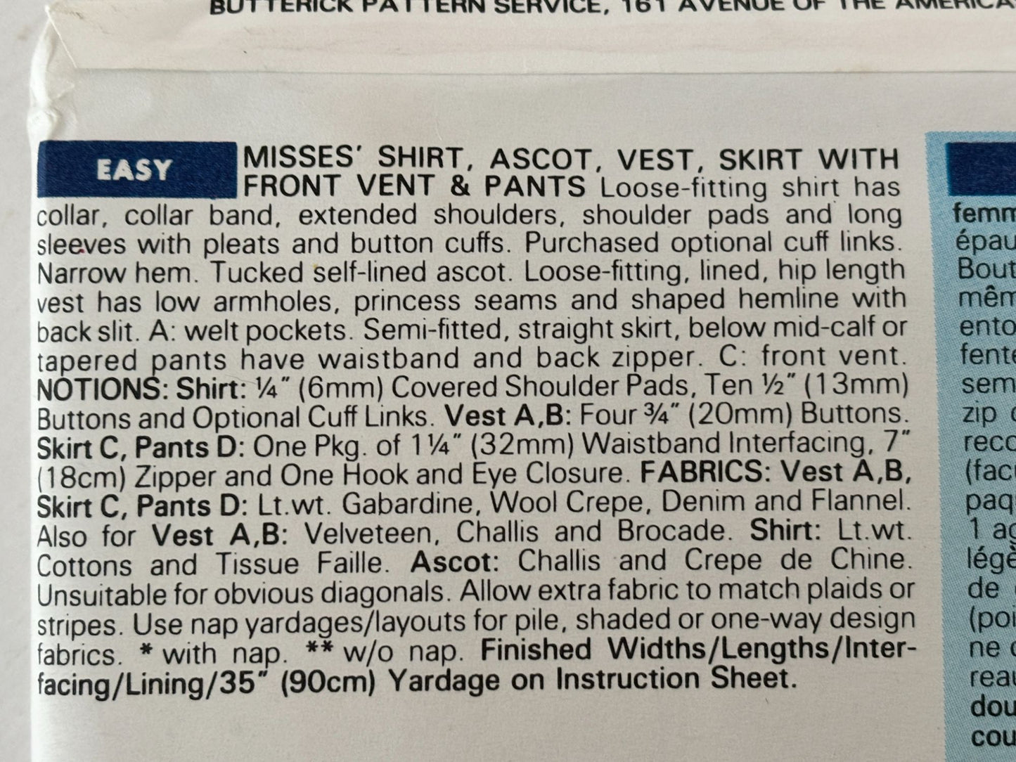 Butterick Sewing Pattern 6410: Misses' Shirt, Ascot, Vest, Skirt with Front Vent and Pants
