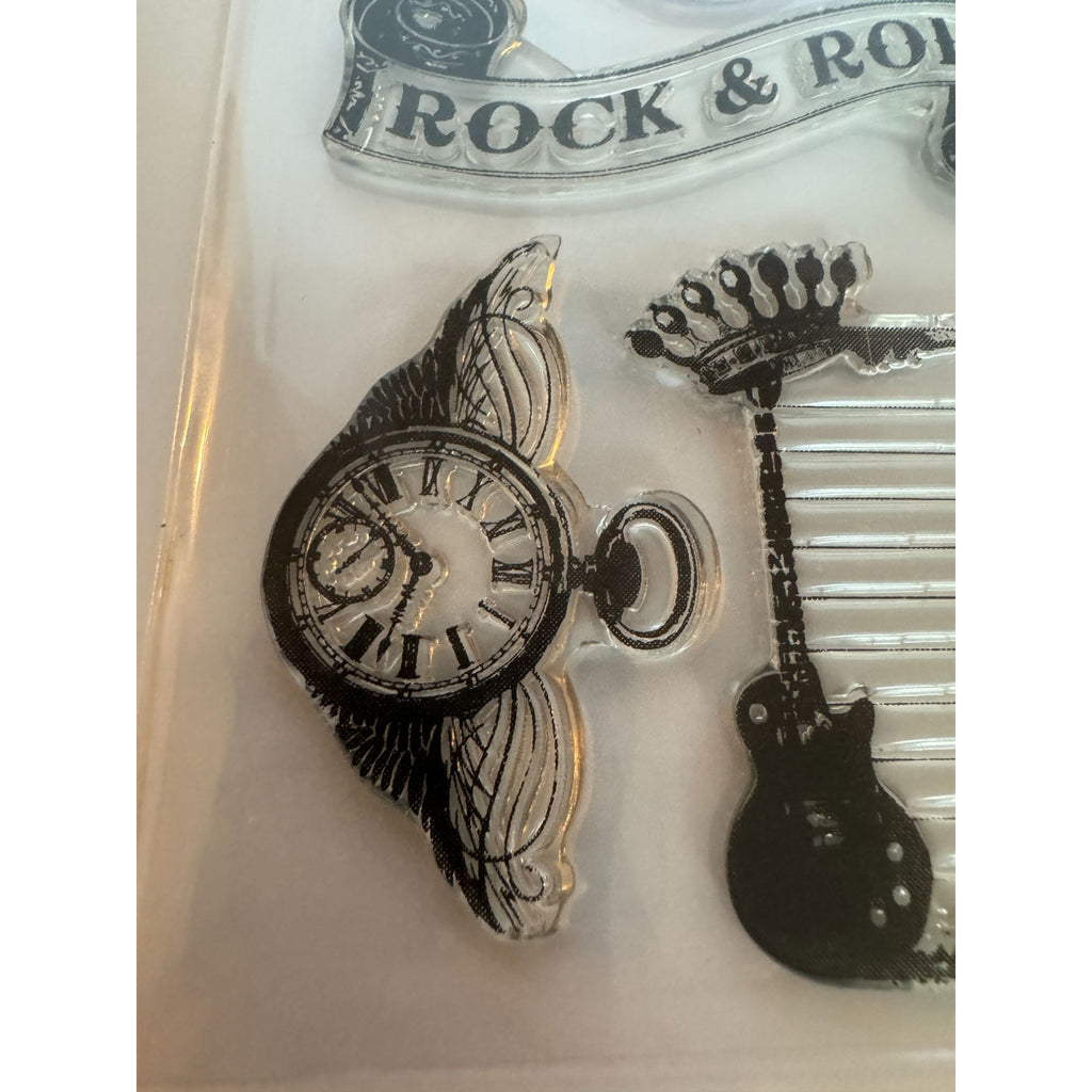 Hampton Art Photopolymer Clear Stamps Rock Star Steampunk Guitar Clock Feathers