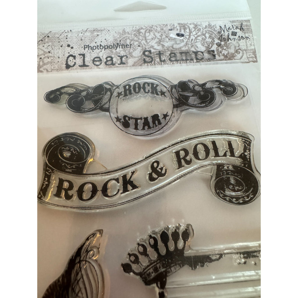 Hampton Art Photopolymer Clear Stamps Rock Star Steampunk Guitar Clock Feathers