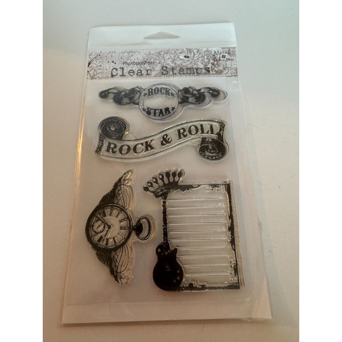 Hampton Art Photopolymer Clear Stamps Rock Star Steampunk Guitar Clock Feathers