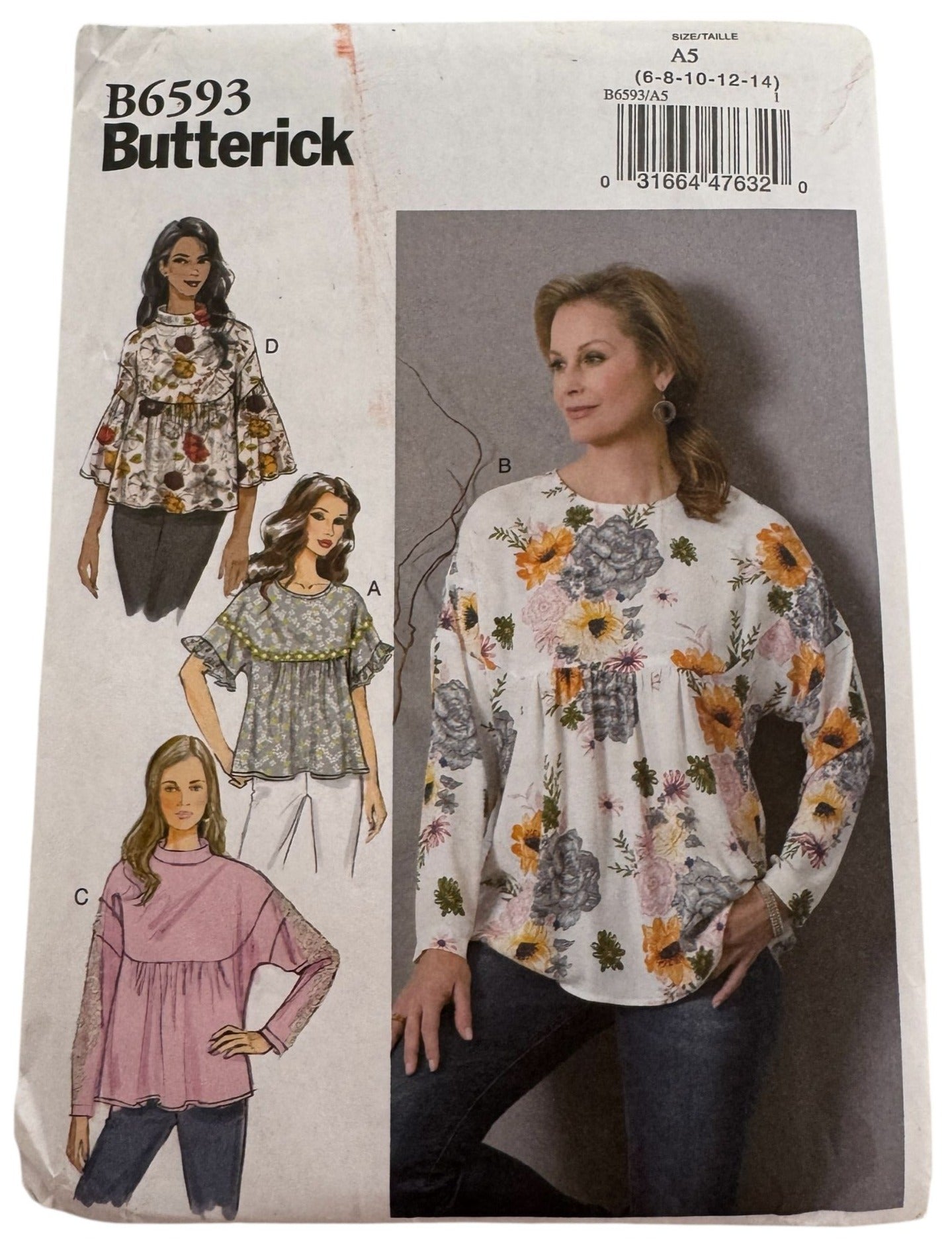 Butterick Sewing Pattern B6593 Misses Loose-Fitting Pullover Tops Shirt 6-14 UC
