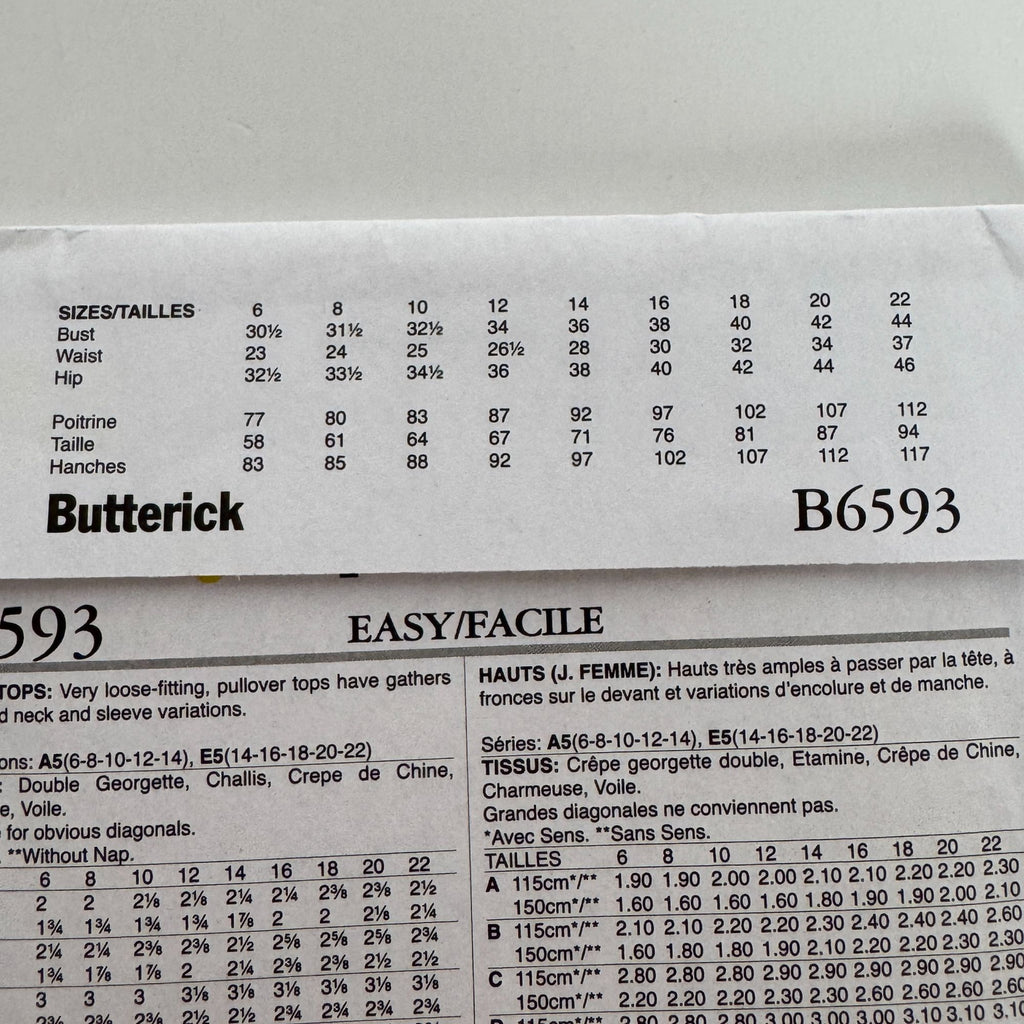 Butterick Sewing Pattern B6593 Misses Loose-Fitting Pullover Tops Shirt 6-14 UC