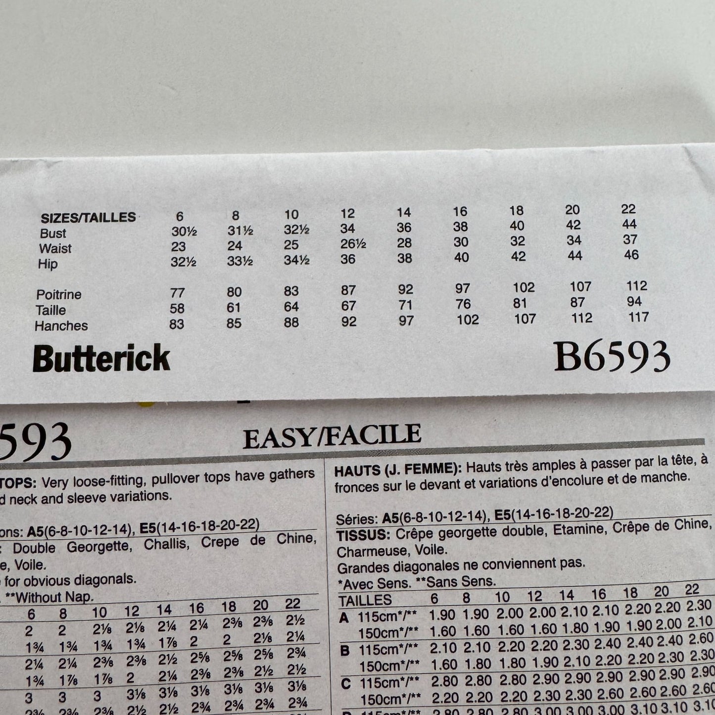 Butterick Sewing Pattern B6593 Misses Loose-Fitting Pullover Tops Shirt 6-14 UC