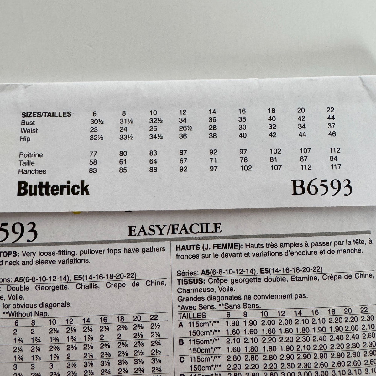 Butterick Sewing Pattern B6593 Misses Loose-Fitting Pullover Tops Shirt 6-14 UC