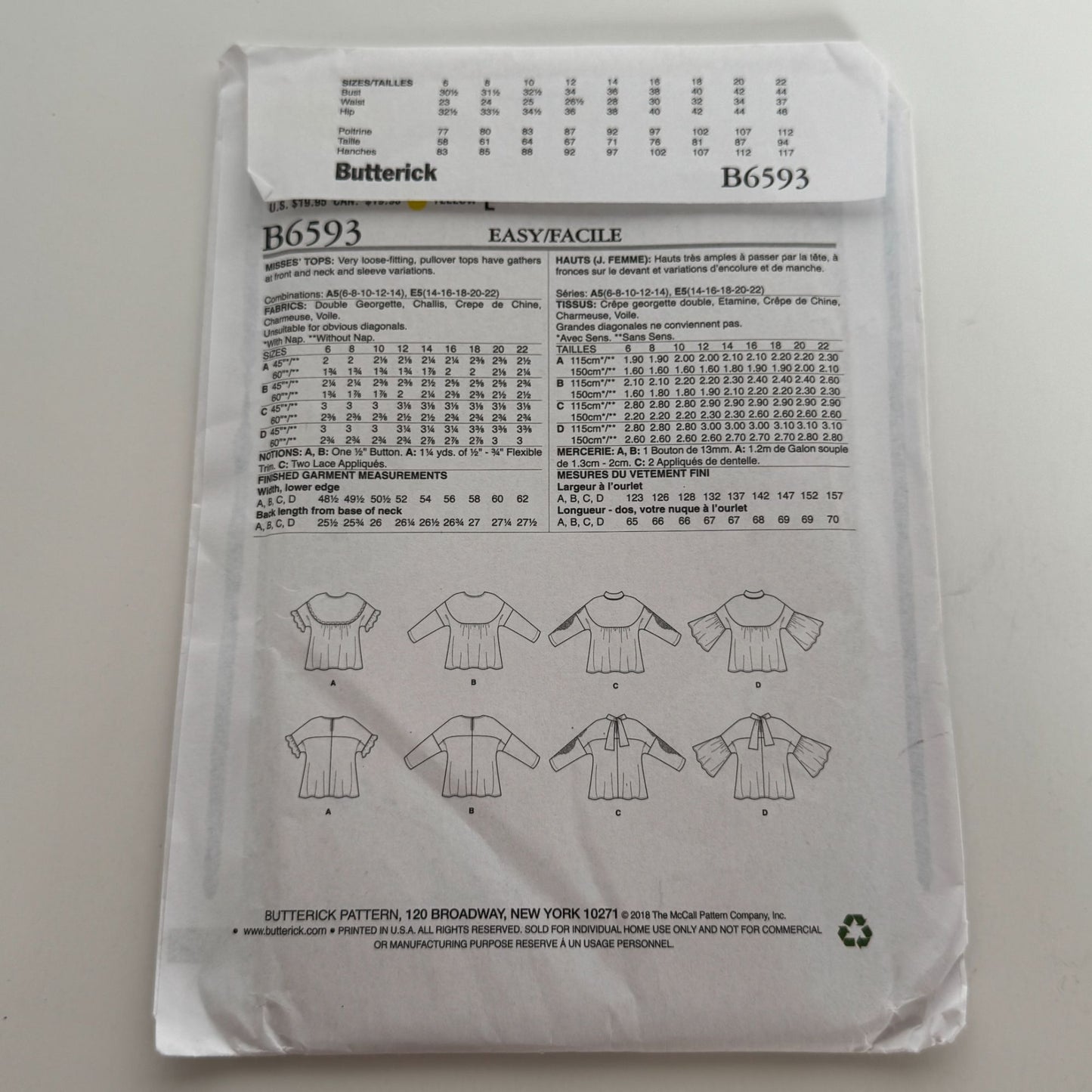 Butterick Sewing Pattern B6593 Misses Loose-Fitting Pullover Tops Shirt 6-14 UC