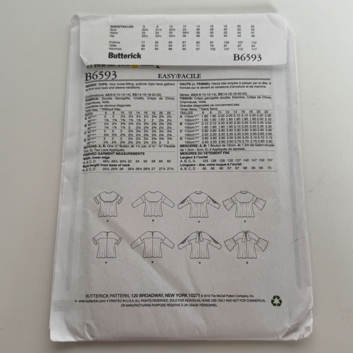 Butterick Sewing Pattern B6593 Misses Loose-Fitting Pullover Tops Shirt 6-14 UC