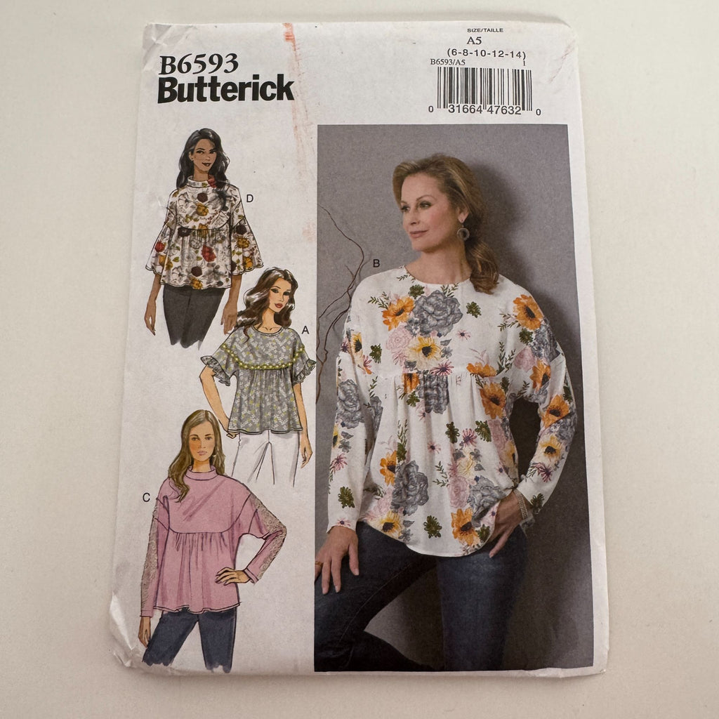 Butterick Sewing Pattern B6593 Misses Loose-Fitting Pullover Tops Shirt 6-14 UC