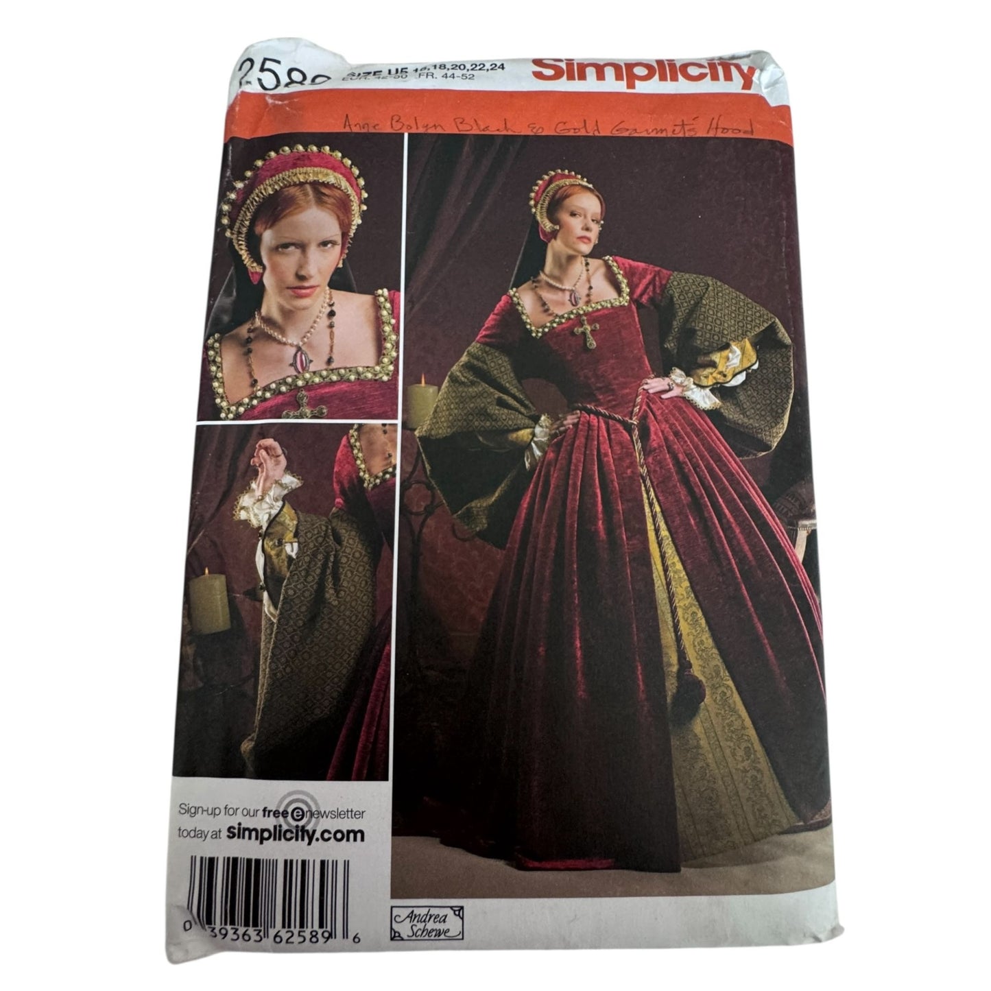 Simplicity Sewing Pattern 2589 Tudor Costume Gown Renaissance Faire Dress 14-22 Andrea Schewe Uncut