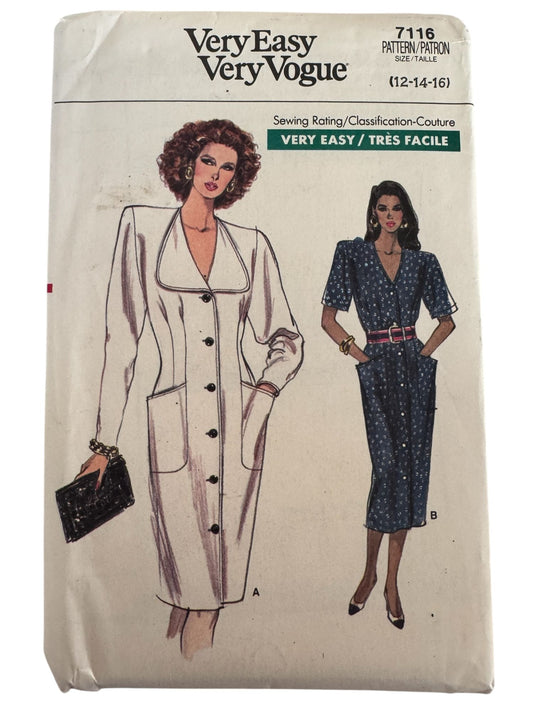 Vogue Sewing Pattern 7116 Straight Dress Vintage 1980s 12 14 16 Mid-Knee Length