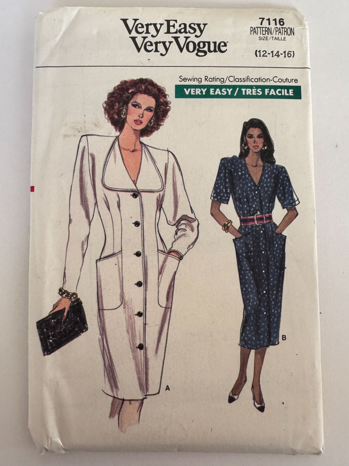 Vogue Sewing Pattern 7116 Straight Dress Vintage 1980s 12 14 16 Mid-Knee Length