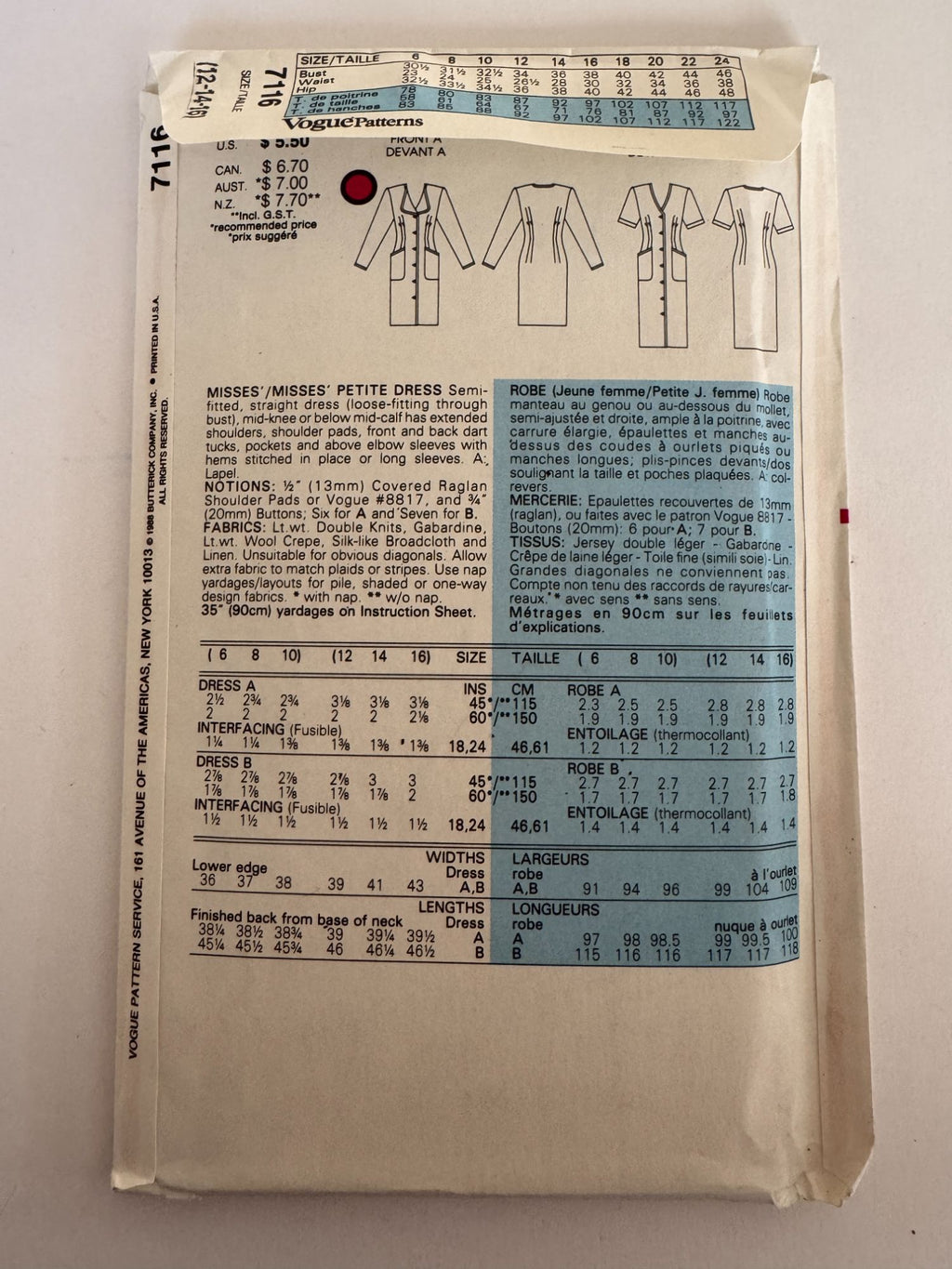 Vogue Sewing Pattern 7116 Straight Dress Vintage 1980s 12 14 16 Mid-Knee Length