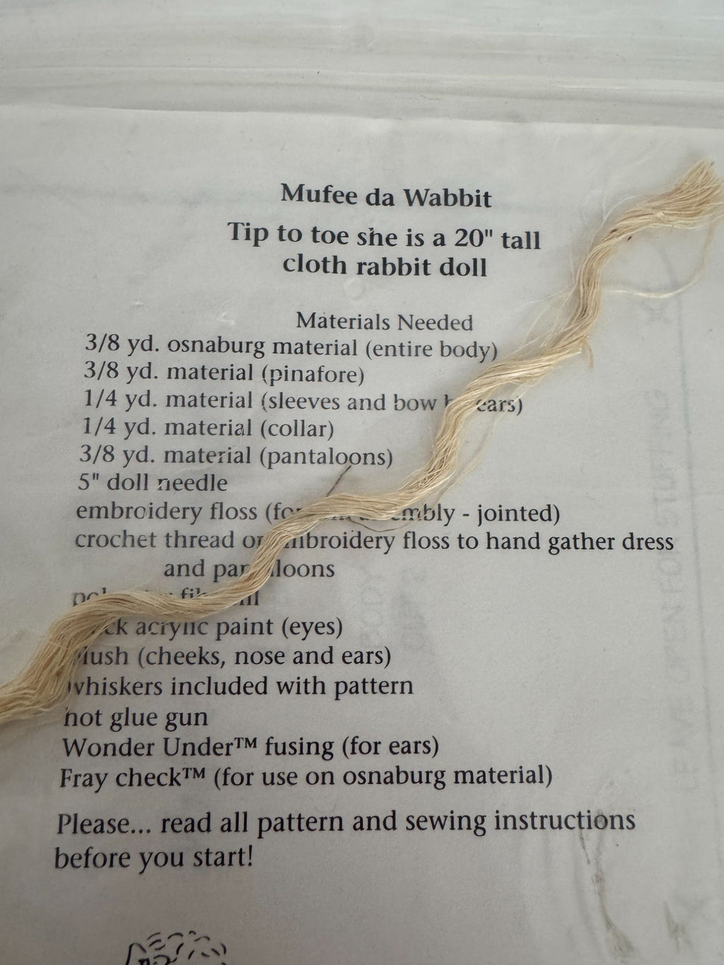 Madonna Doll Making Pattern Cloth Rabbit Mufee de Wabbit 20 Inch Sewing Vintage