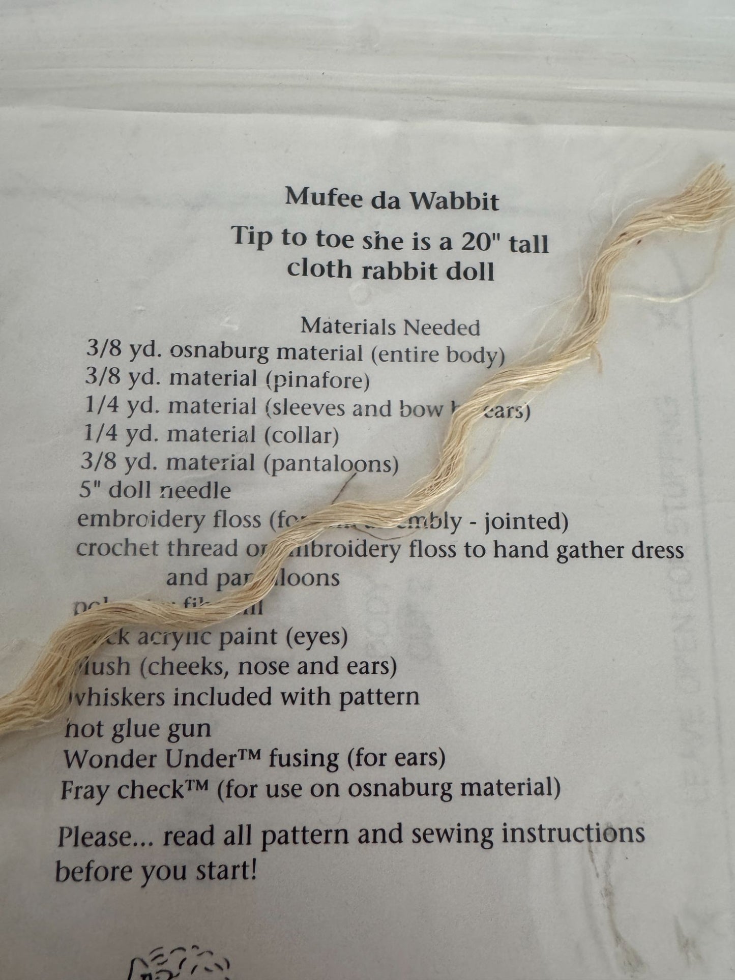 Madonna Doll Making Pattern Cloth Rabbit Mufee de Wabbit 20 Inch Sewing Vintage