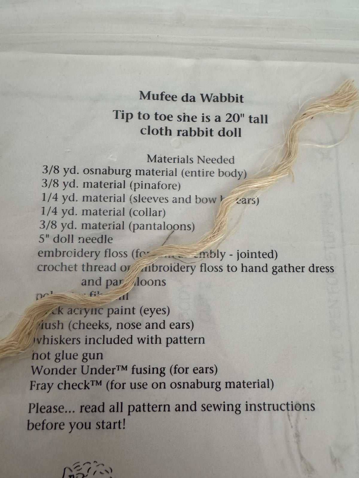 Madonna Doll Making Pattern Cloth Rabbit Mufee de Wabbit 20 Inch Sewing Vintage