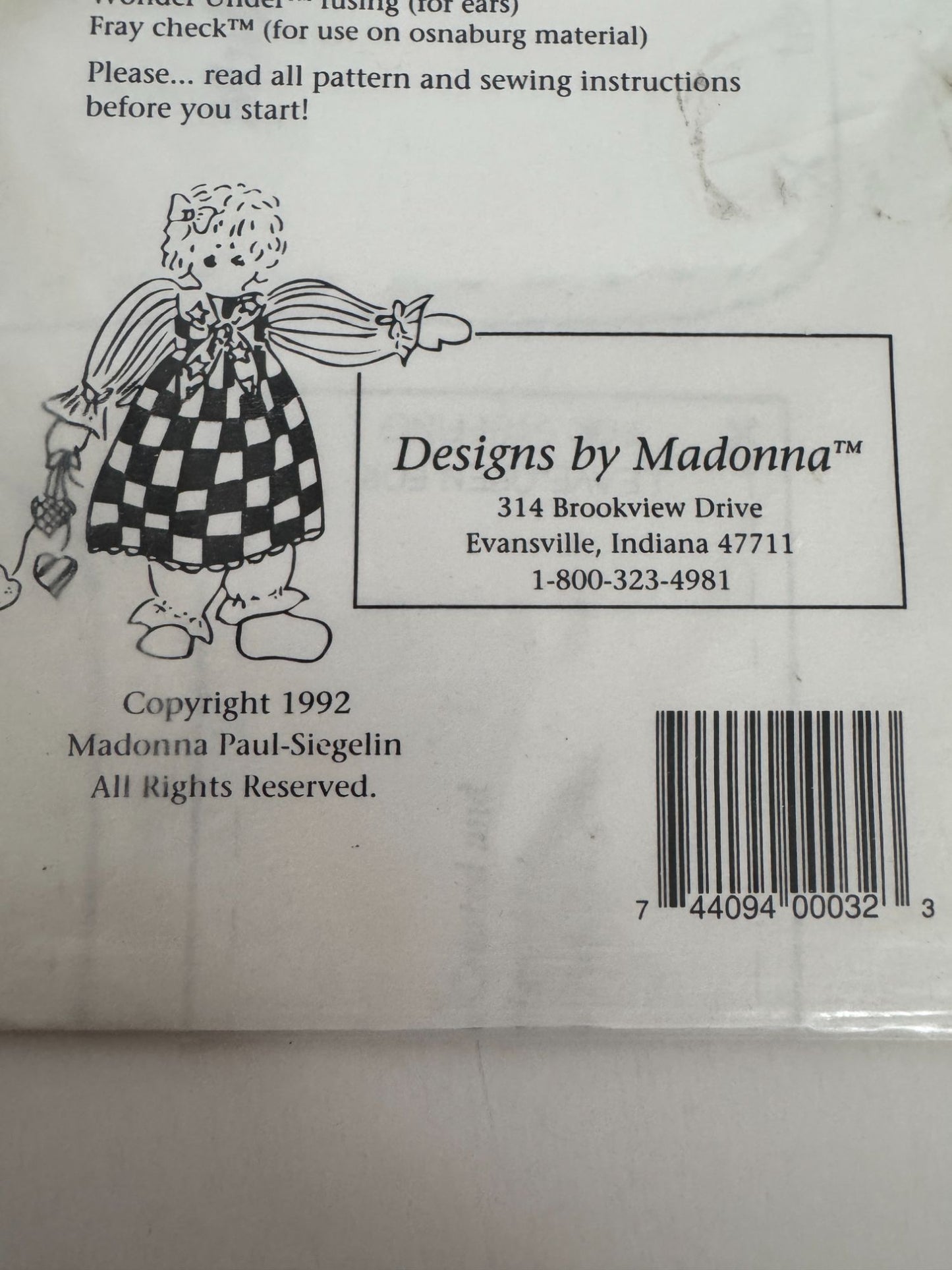 Madonna Doll Making Pattern Cloth Rabbit Mufee de Wabbit 20 Inch Sewing Vintage