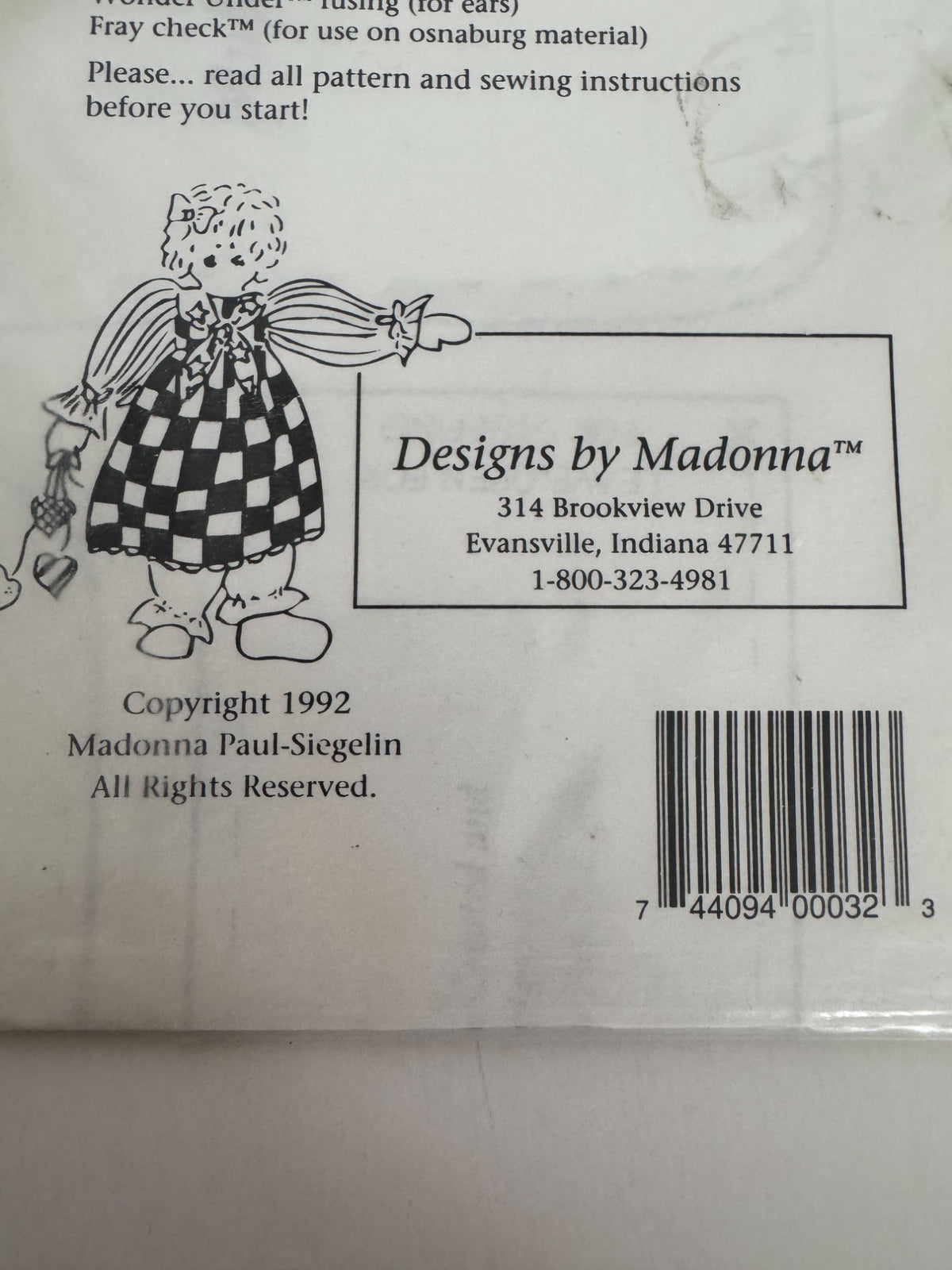 Madonna Doll Making Pattern Cloth Rabbit Mufee de Wabbit 20 Inch Sewing Vintage