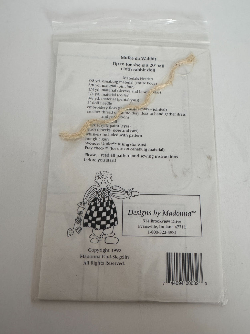 Madonna Doll Making Pattern Cloth Rabbit Mufee de Wabbit 20 Inch Sewing Vintage