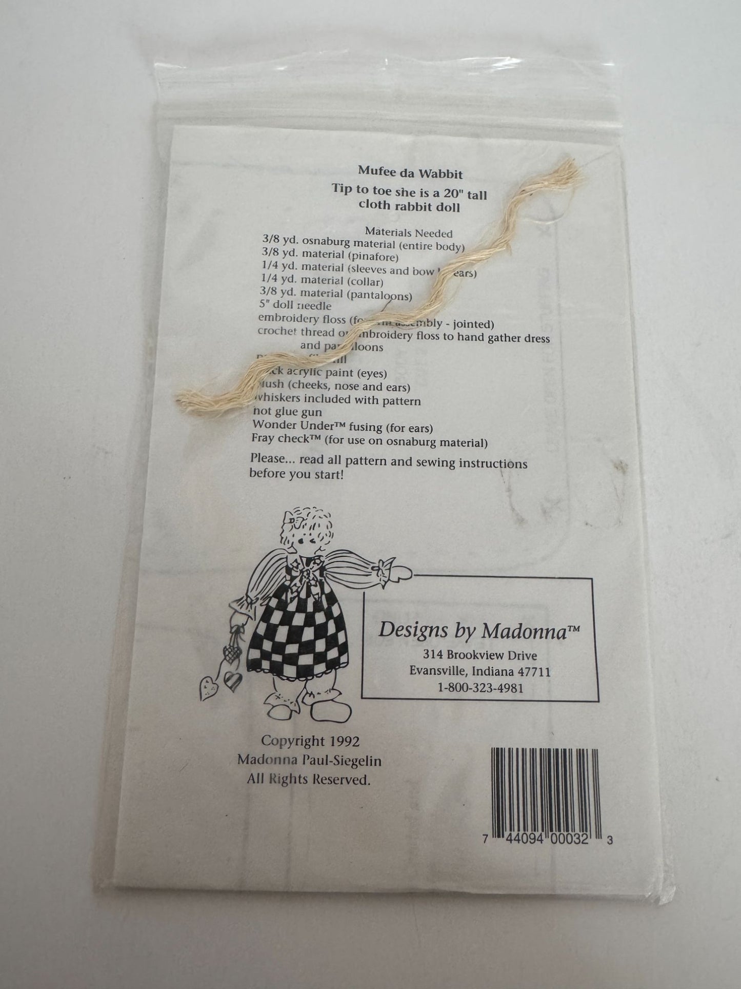 Madonna Doll Making Pattern Cloth Rabbit Mufee de Wabbit 20 Inch Sewing Vintage