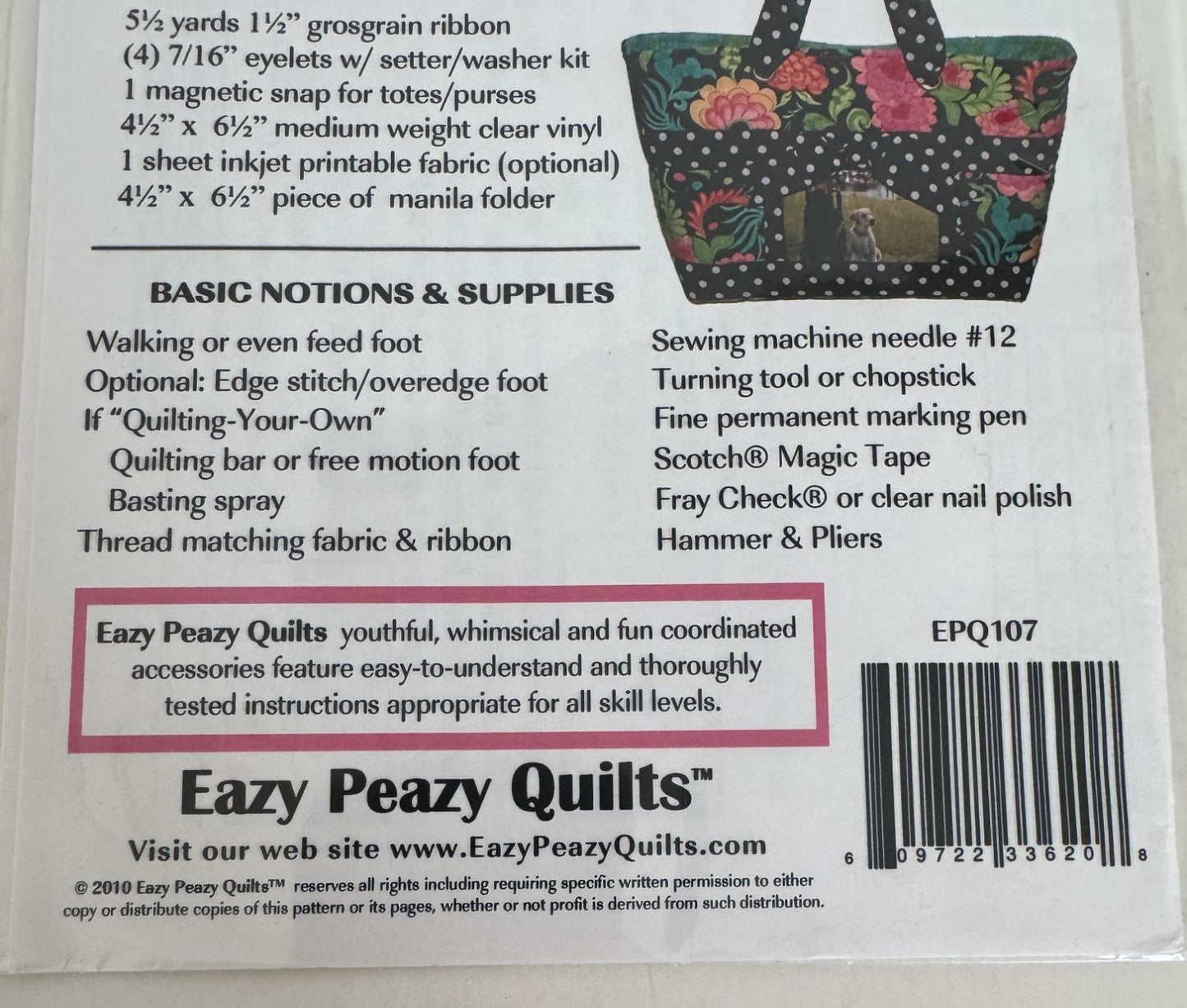 Eazy Peazy Quilts Pattern The Bodacious Brag Bag Quilted Tote Handbag Pet Panel