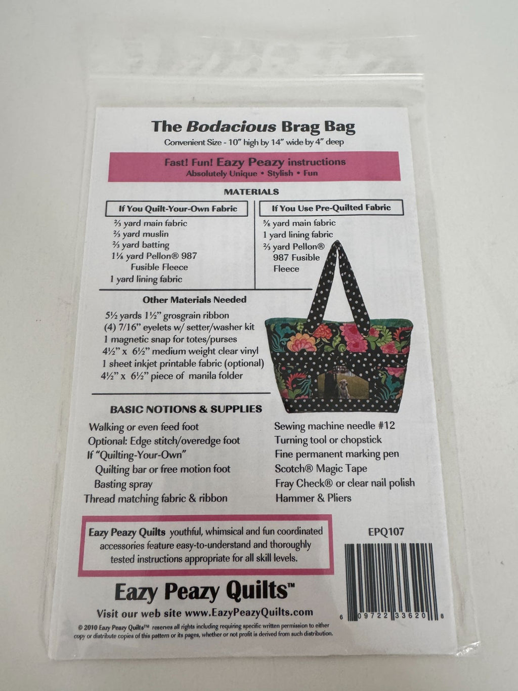 Eazy Peazy Quilts Pattern The Bodacious Brag Bag Quilted Tote Handbag Pet Panel