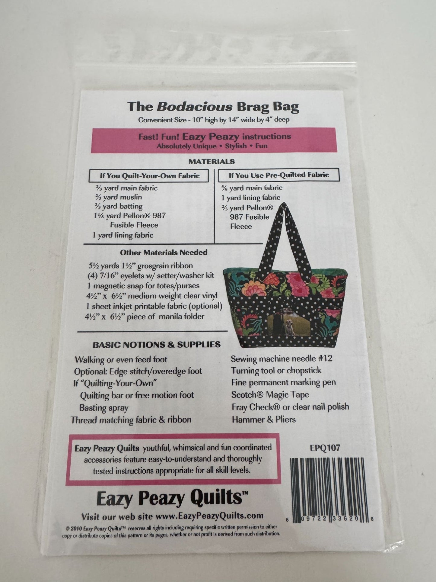 Eazy Peazy Quilts Pattern The Bodacious Brag Bag Quilted Tote Handbag Pet Panel