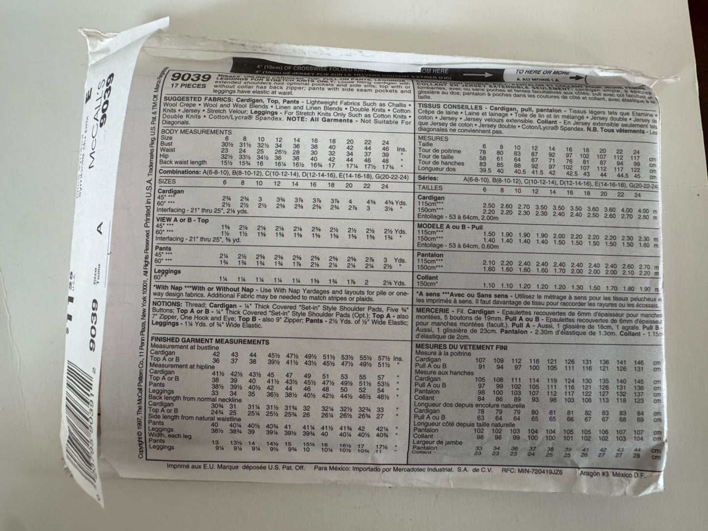 McCalls Sewing Pattern 9039 Cardigan Top Pants Leggings Misses 6 8 10 Casual UC