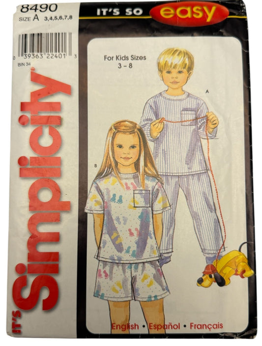 Simplicity Sewing Pattern 8490 Kids Pajamas 3-8 Short & Long Sleeve Easy To Sew