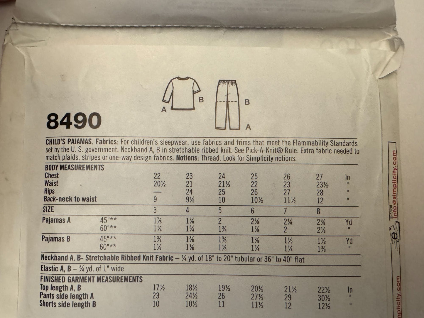 Simplicity Sewing Pattern 8490 Kids Pajamas 3-8 Short & Long Sleeve Easy To Sew