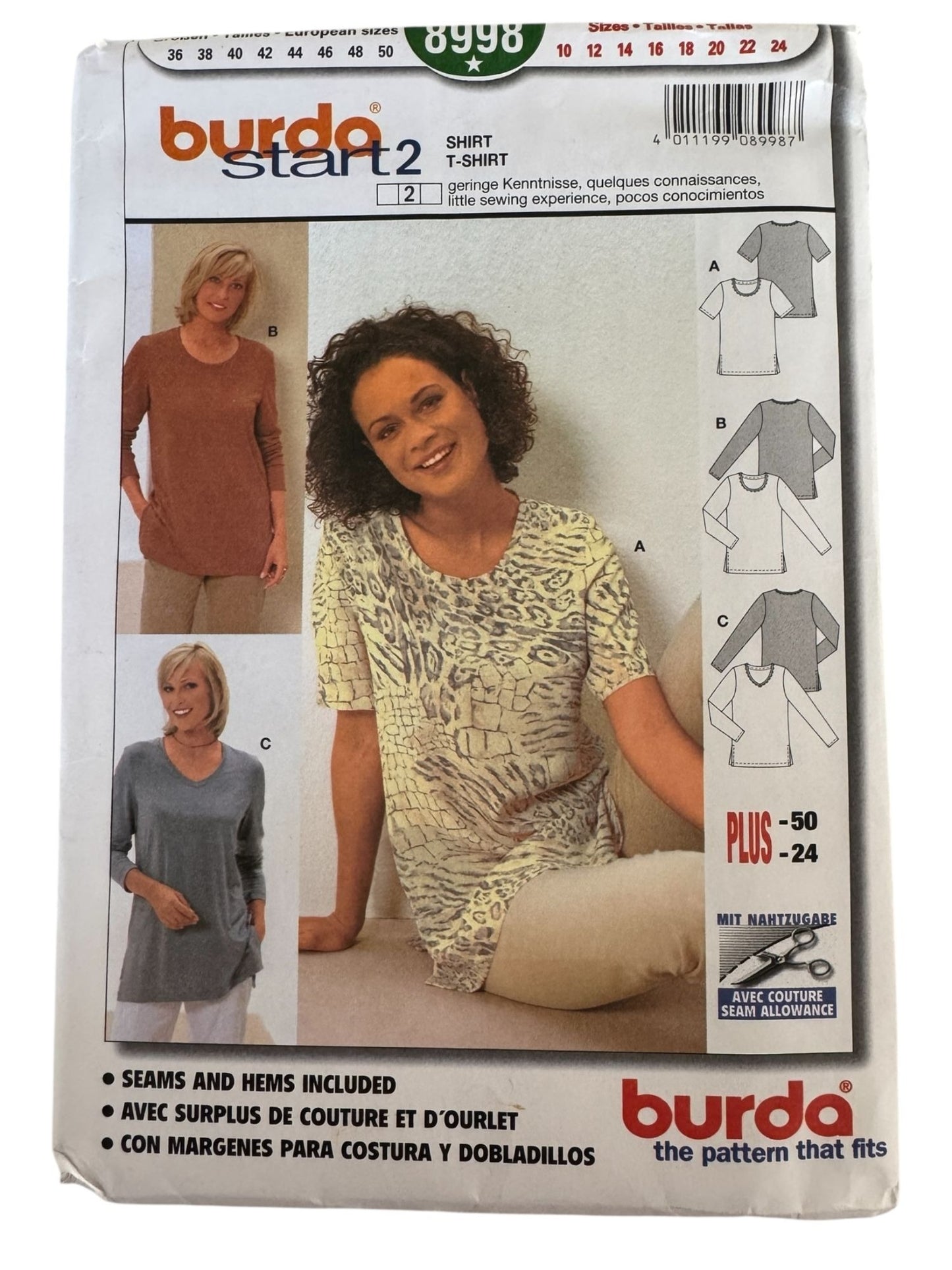 Burda Sewing Pattern 8998 T-Shirt Shirt Top Casual Semi-Fitted Sizes 10-24 Uncut
