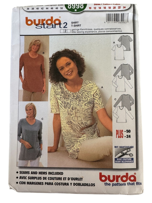 Burda Sewing Pattern 8998 T-Shirt Shirt Top Casual Semi-Fitted Sizes 10-24 Uncut