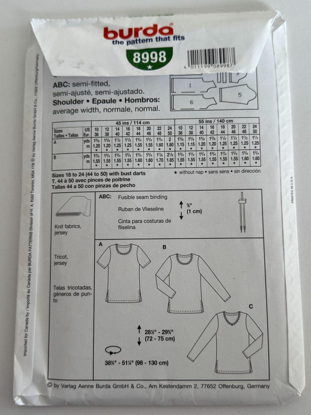 Burda Sewing Pattern 8998 T-Shirt Shirt Top Casual Semi-Fitted Sizes 10-24 Uncut