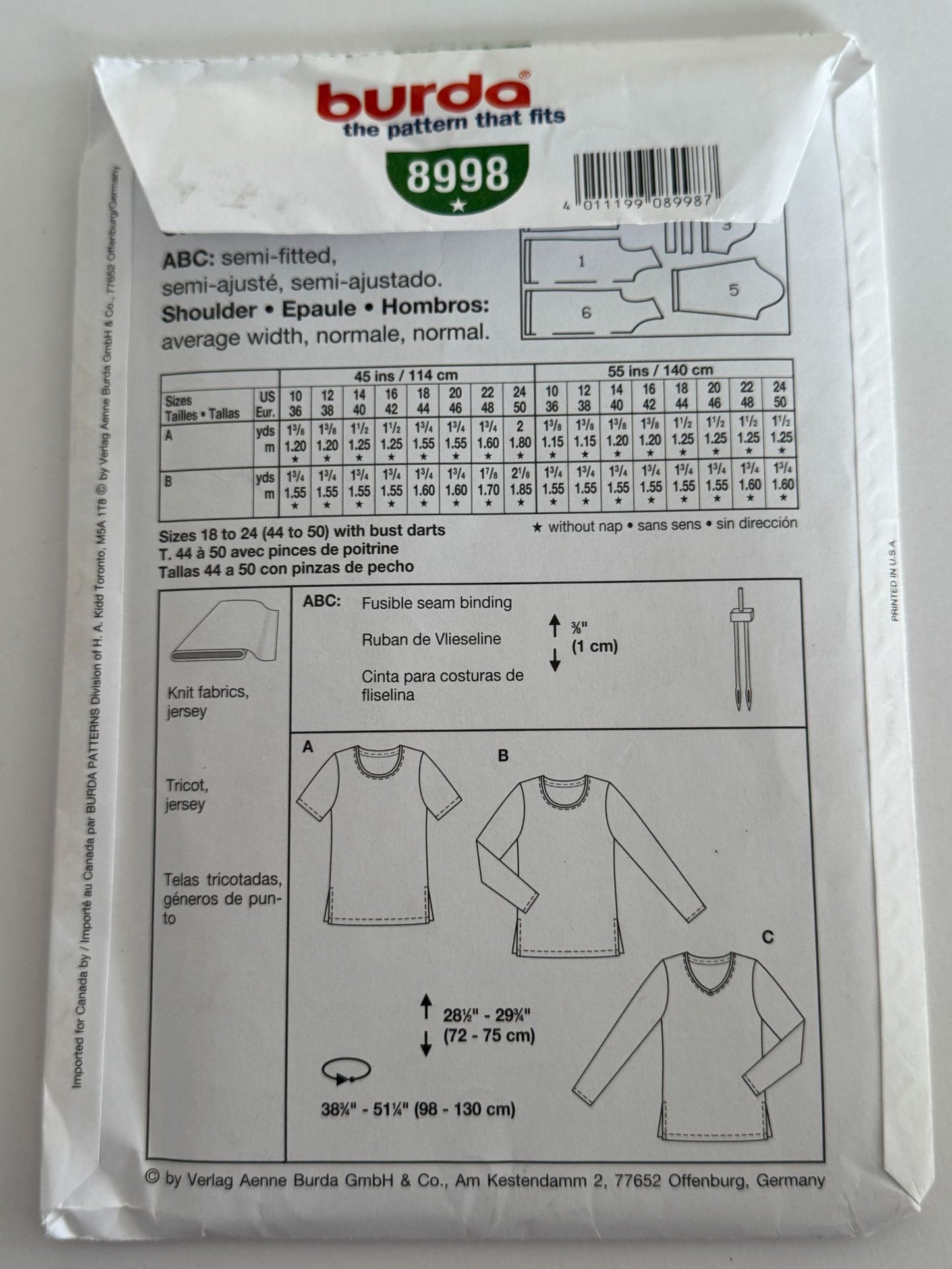 Burda Sewing Pattern 8998 T-Shirt Shirt Top Casual Semi-Fitted Sizes 10-24 Uncut