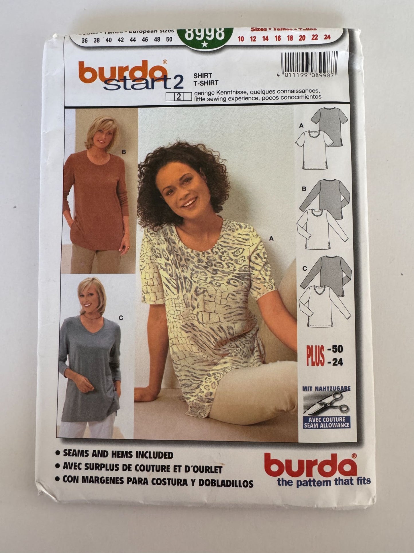 Burda Sewing Pattern 8998 T-Shirt Shirt Top Casual Semi-Fitted Sizes 10-24 Uncut