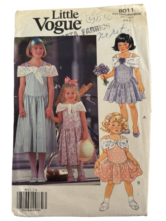 Little Vogue Sewing Pattern 8011 Girls Party Dress 4 5 6 Dropped Waist Bow UC