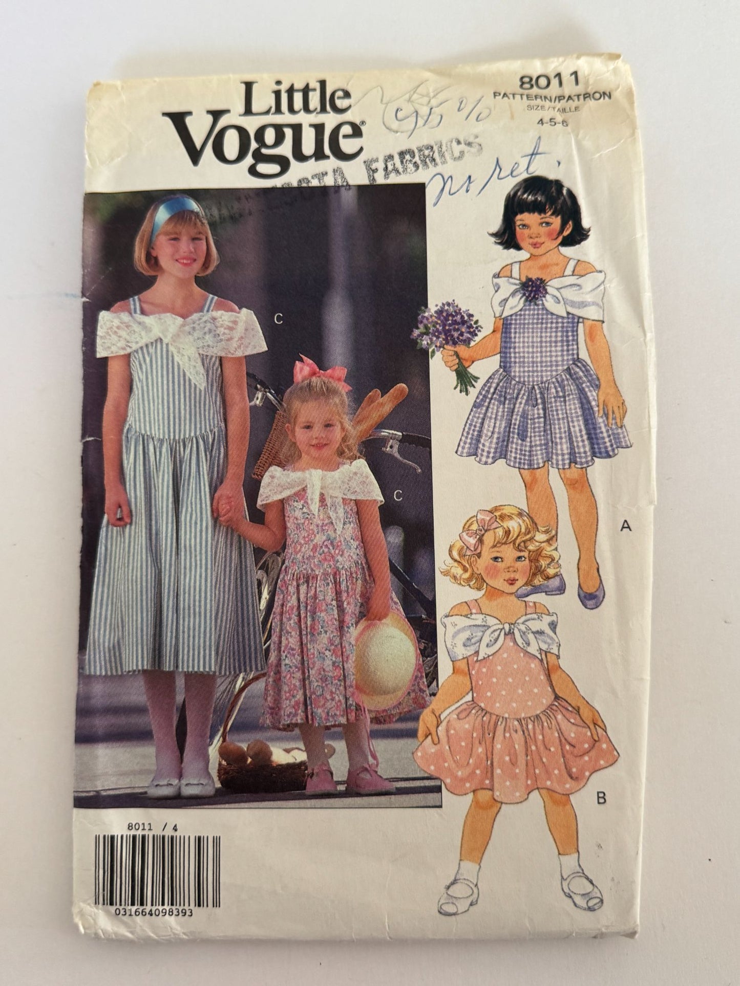 Little Vogue Sewing Pattern 8011 Girls Party Dress 4 5 6 Dropped Waist Bow UC