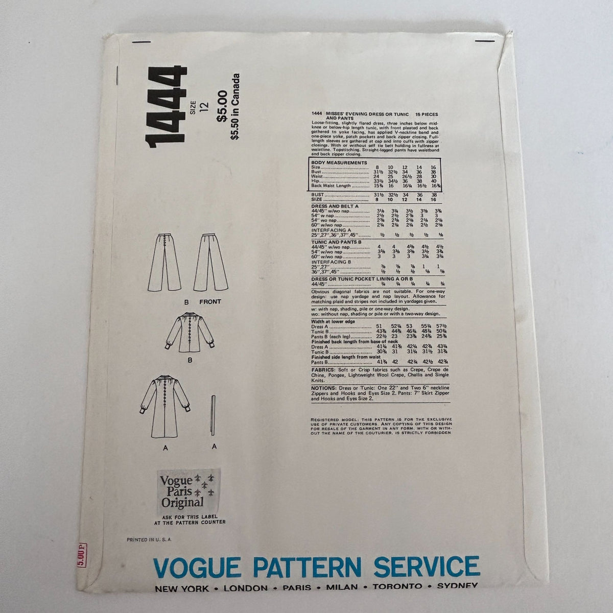 Vogue Paris Original Sewing Pattern 1444 Evening Dress Tunic Pants Emanuel Ungaro 12 Uncut