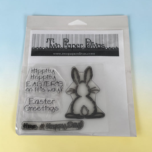 Two Paper Divas Clear Cling Stamp Set Easter Bunny Have A Hoppy Day Pun Greeting Spring