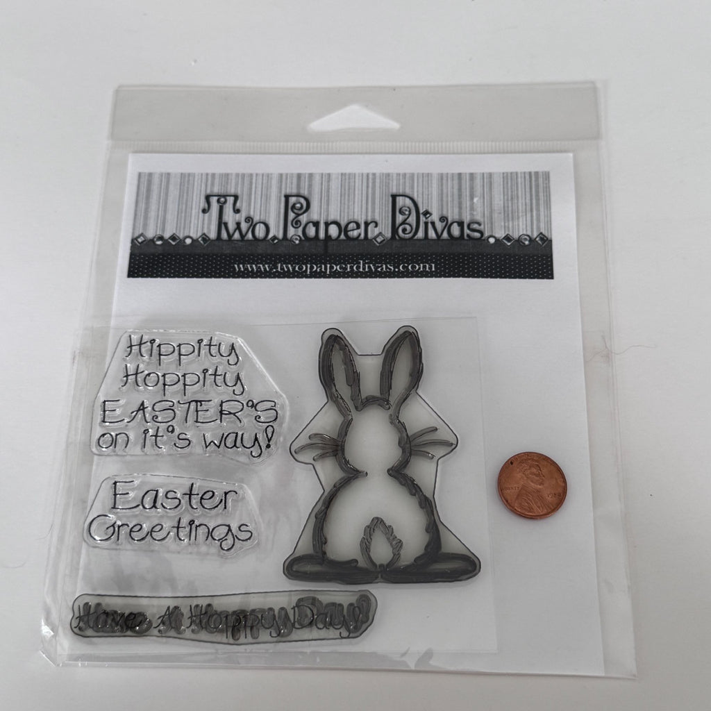 Two Paper Divas Clear Cling Stamp Set Easter Bunny Have A Hoppy Day Pun Greeting Spring