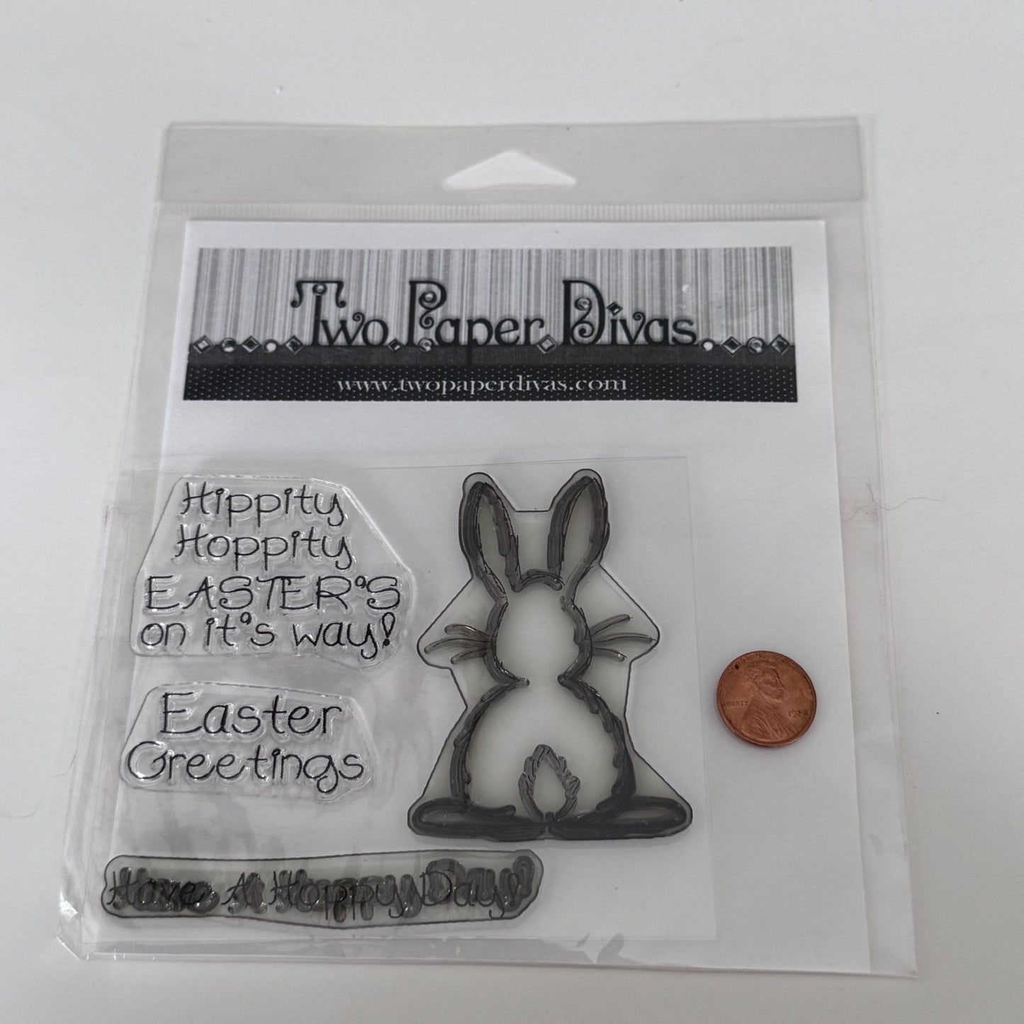 Two Paper Divas Clear Cling Stamp Set Easter Bunny Have A Hoppy Day Pun Greeting Spring