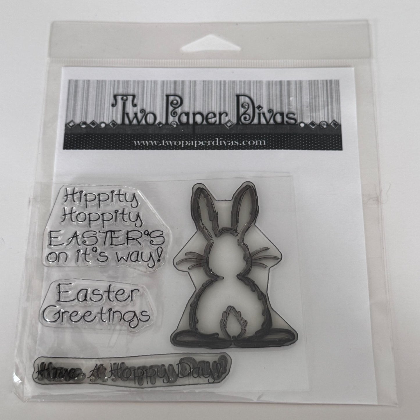 Two Paper Divas Clear Cling Stamp Set Easter Bunny Have A Hoppy Day Pun Greeting Spring