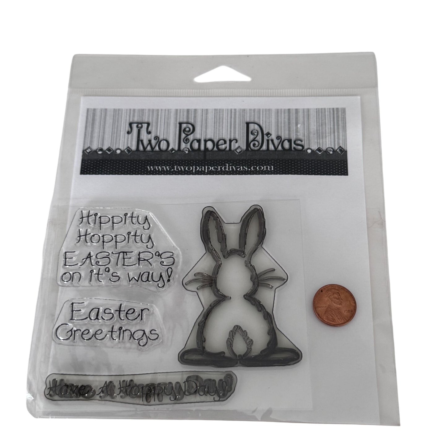 Two Paper Divas Clear Cling Stamp Set Easter Bunny Have A Hoppy Day Pun Greeting Spring