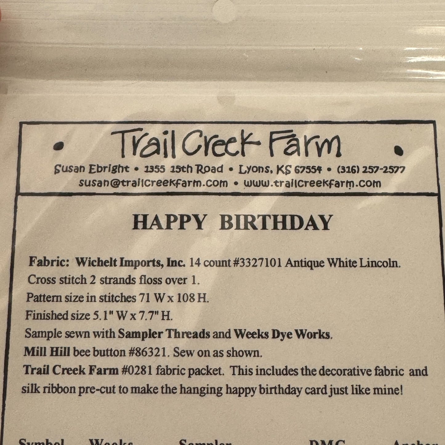Trail Creek Farm Cross Stitch Pattern Happy Birthday Card Sign Friendship Craft