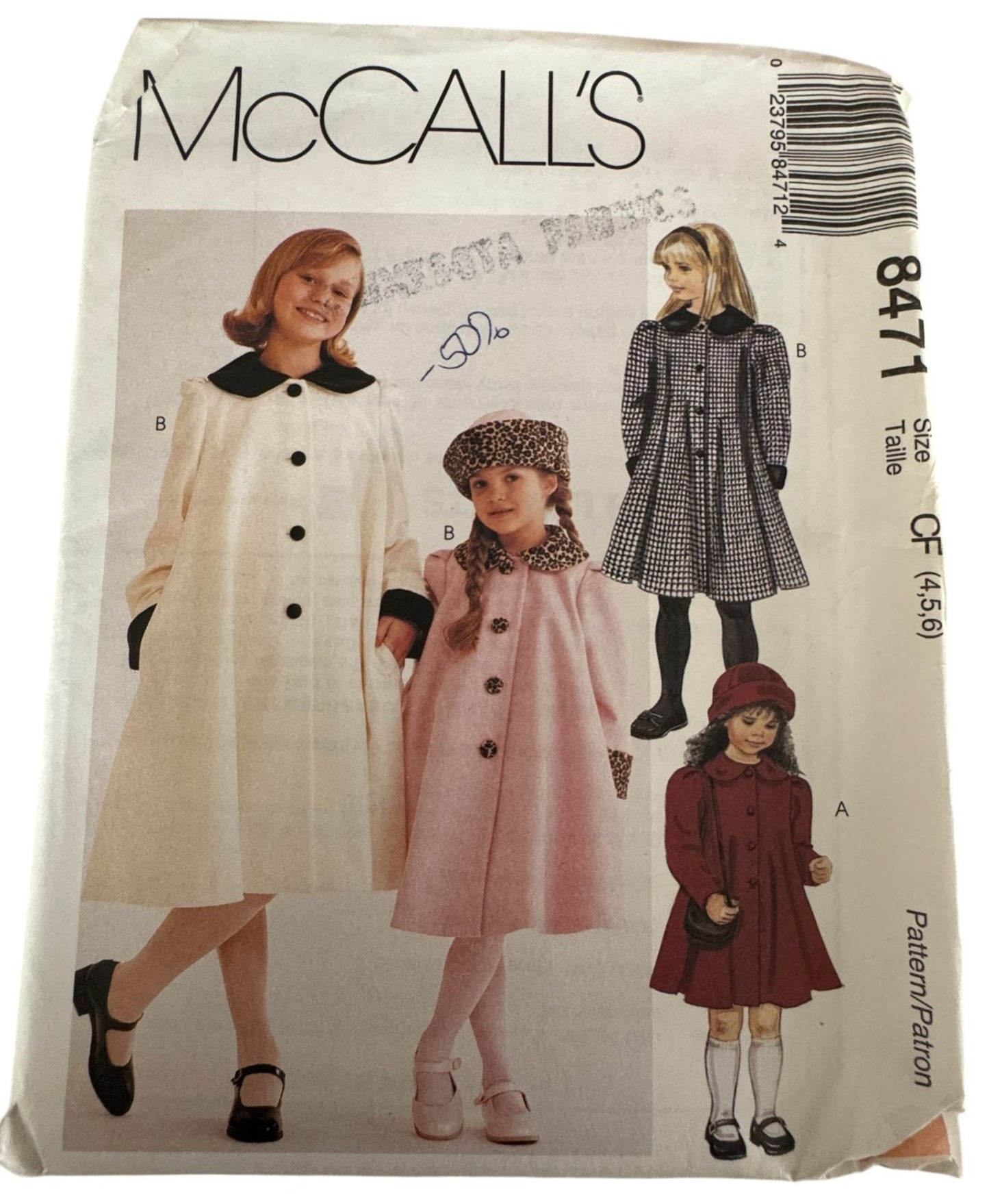 McCalls Sewing Pattern 8471 Girls Lined Swing Coat Hat Winter Size 4 5 6 Uncut