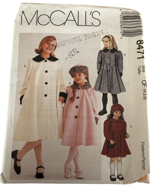 McCalls Sewing Pattern 8471 Girls Lined Swing Coat Hat Winter Size 4 5 6 Uncut