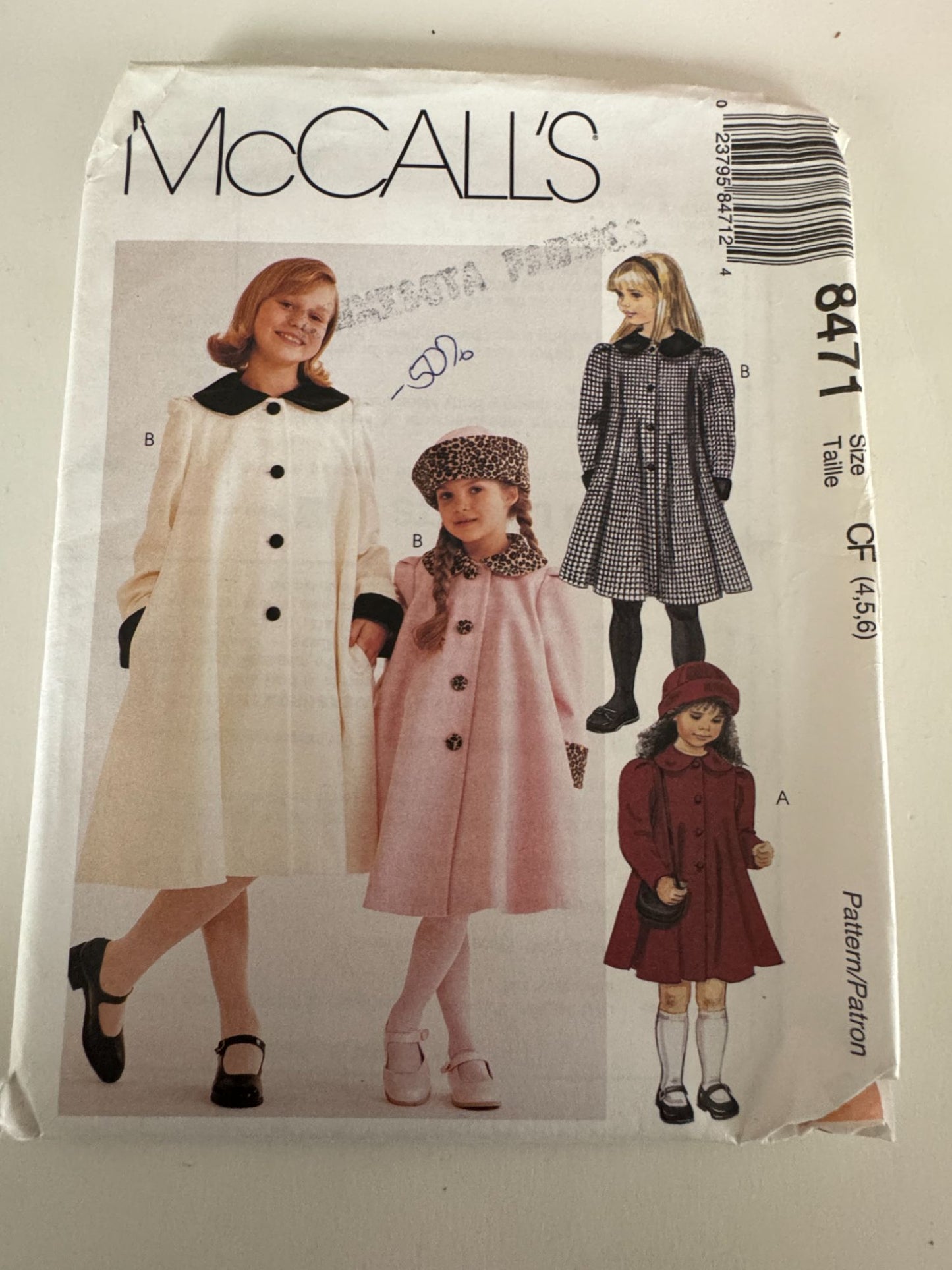 McCalls Sewing Pattern 8471 Girls Lined Swing Coat Hat Winter Size 4 5 6 Uncut