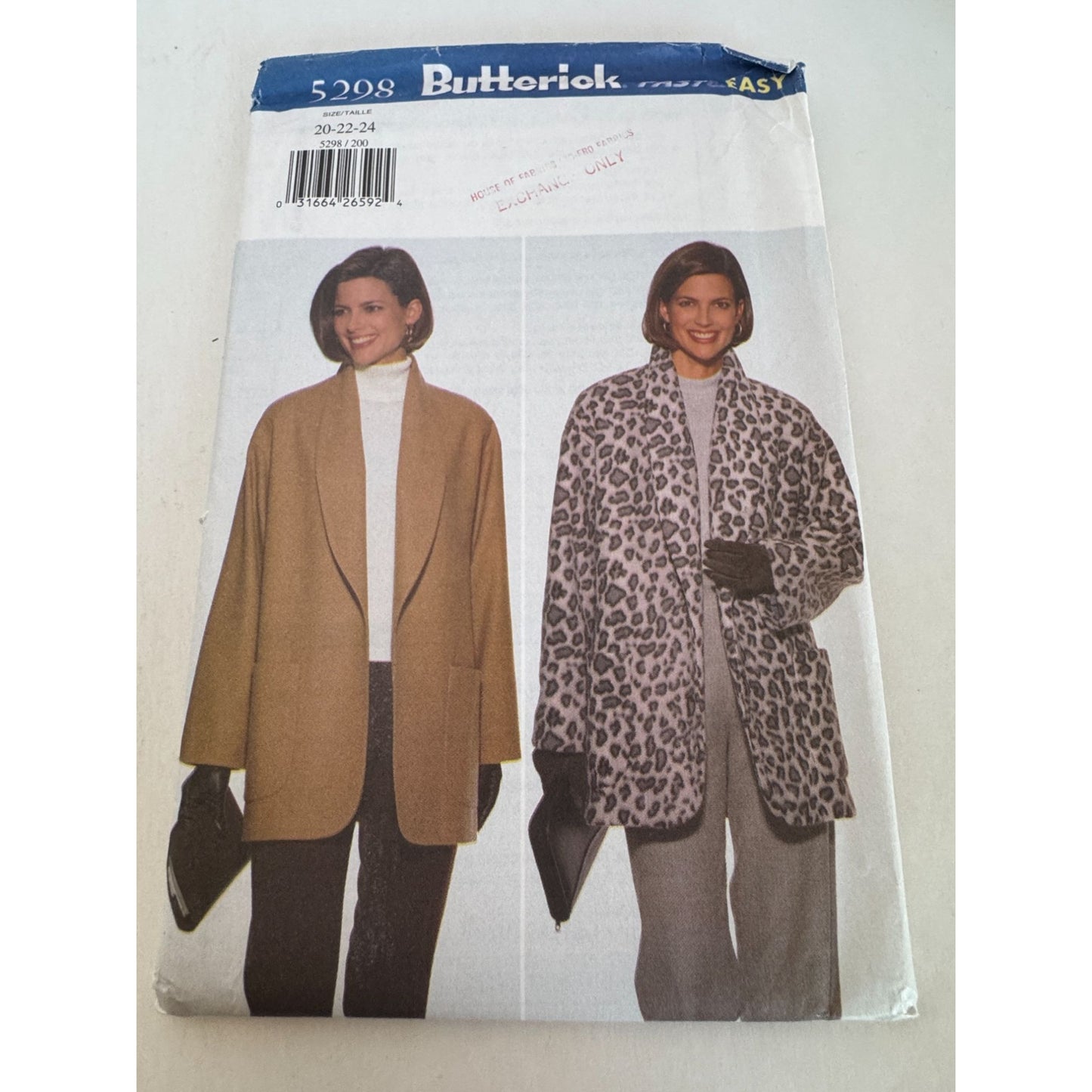 Butterick Sewing Pattern 5298 Misses Jacket Below Hip Lined Work Uncut 20 22 24