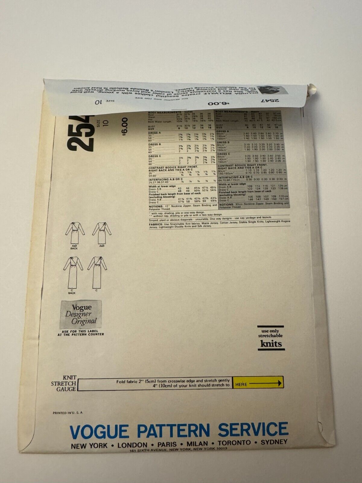 Vogue Designer Original Sewing Pattern 2547 Dress Belinda Bellville Sz 10 Uncut