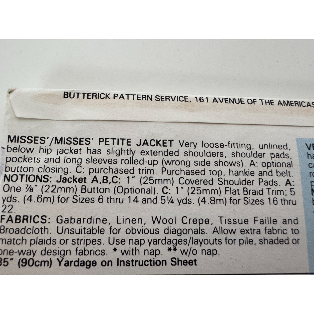 Butterick Sewing Pattern 3163 Blazer Jacket Work Career Sizes 12 14 16 UC 1980s