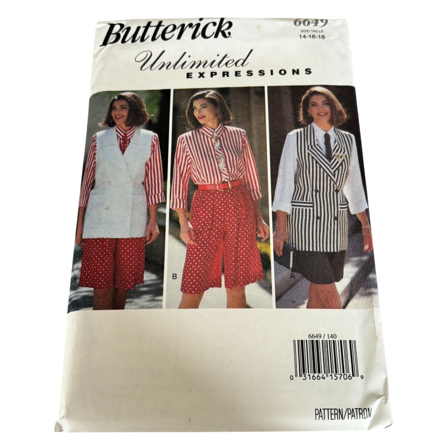 Butterick Sewing Pattern 6649 Vest Shirt Shorts Tie 90s Vintage Preppy 14-18 Uncut