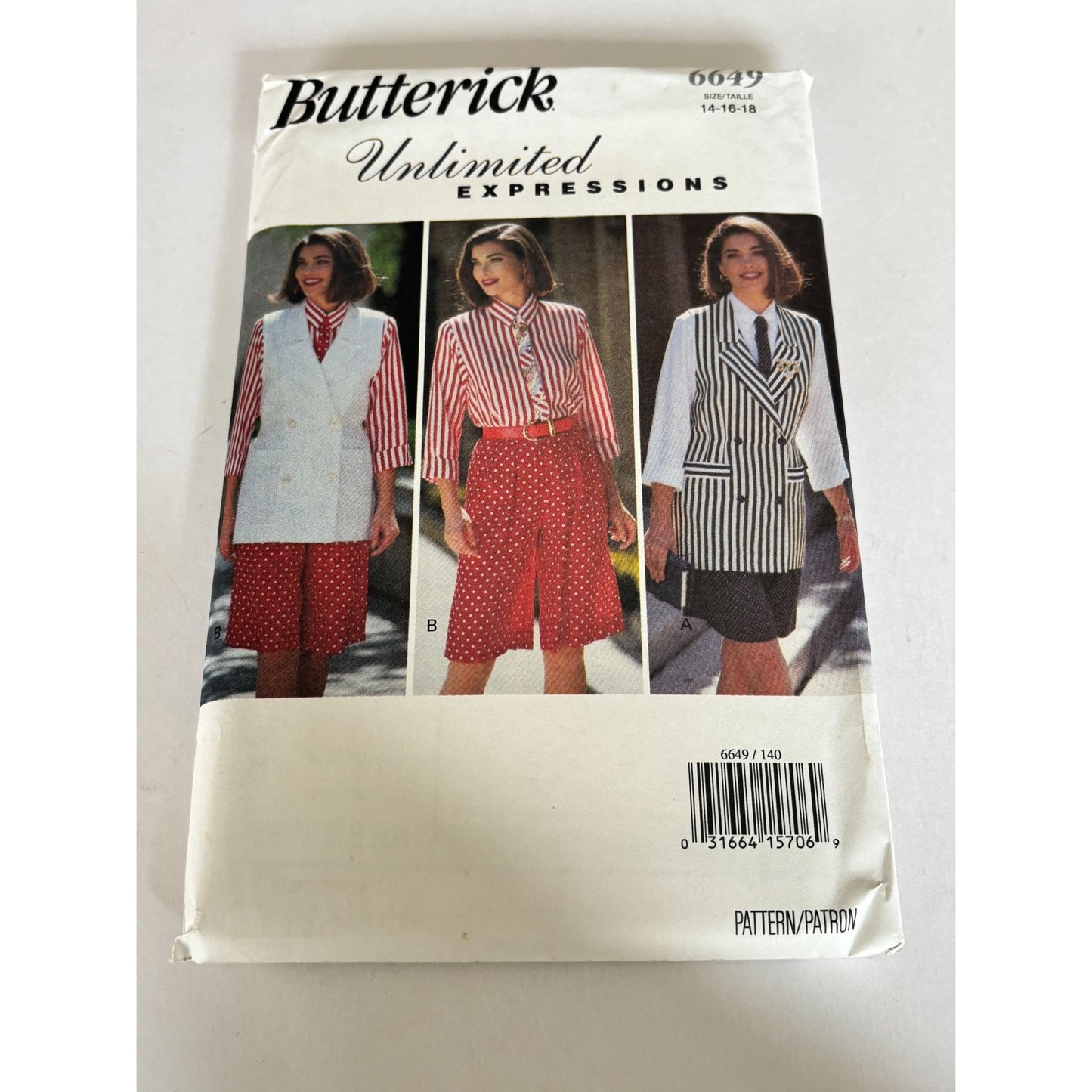 Butterick Sewing Pattern 6649 Vest Shirt Shorts Tie 90s Vintage Preppy 14-18 Uncut